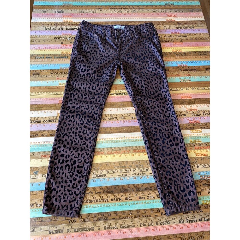 FREE PEOPLE 26 Brown Black Skinny Animal Leopard Print Jeans US 2 Velvet Texture